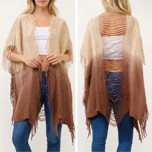 Boho Cut Out Knit Fringe Light Tan & Mocha Brown Ombre Kimono Ruana NWOT OSFM